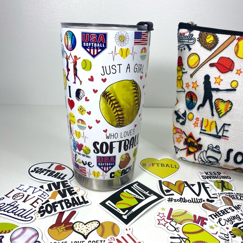 Girl Loves Softball Swag Lot 20oz Tumbler Cosmetic Pouch 40-Piece Sticker Set - Picture 2 of 10